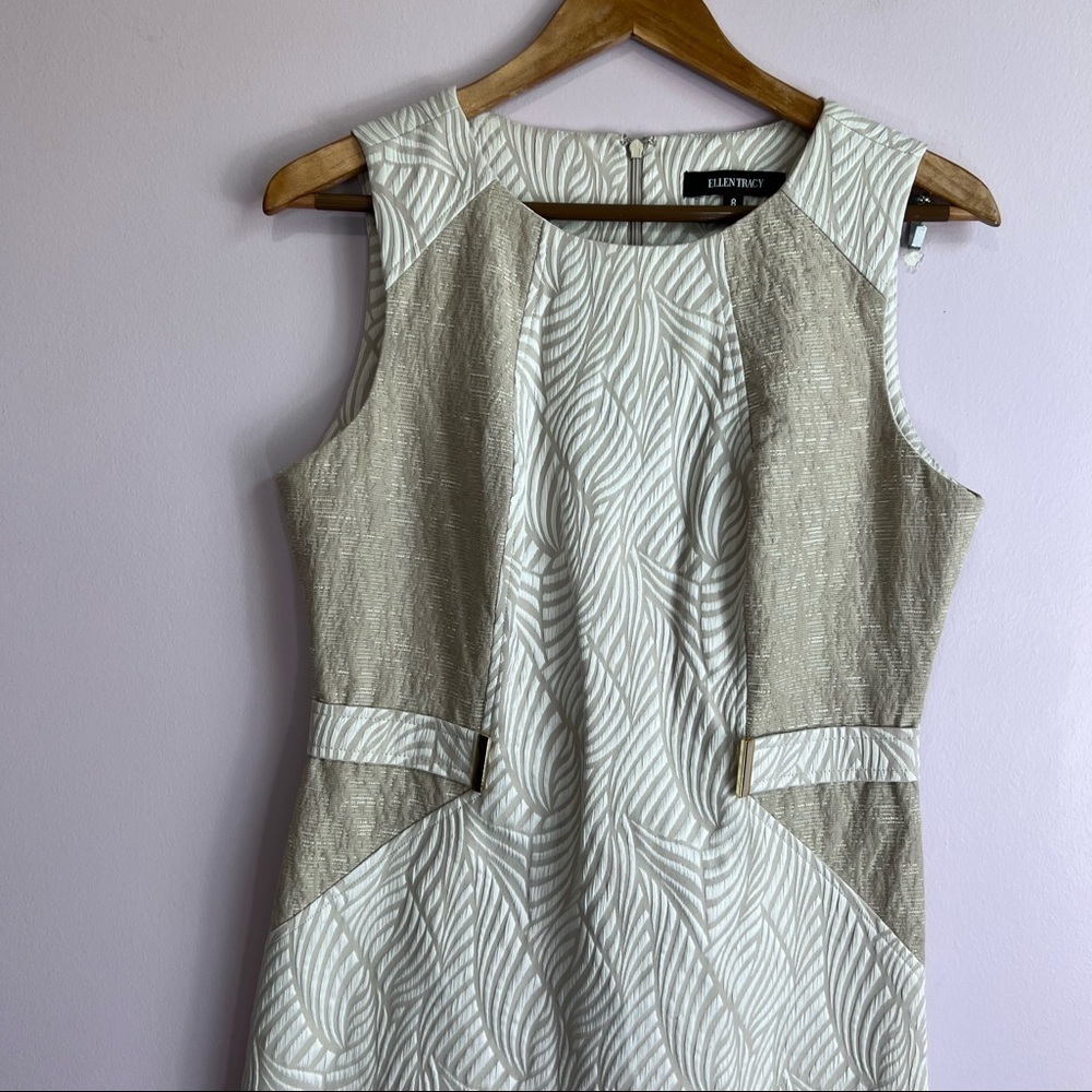 ELLEN TRACY Gold Accent Champagne Ivory Brocade Sheath Dress Size 8 - Picture 3 of 14
